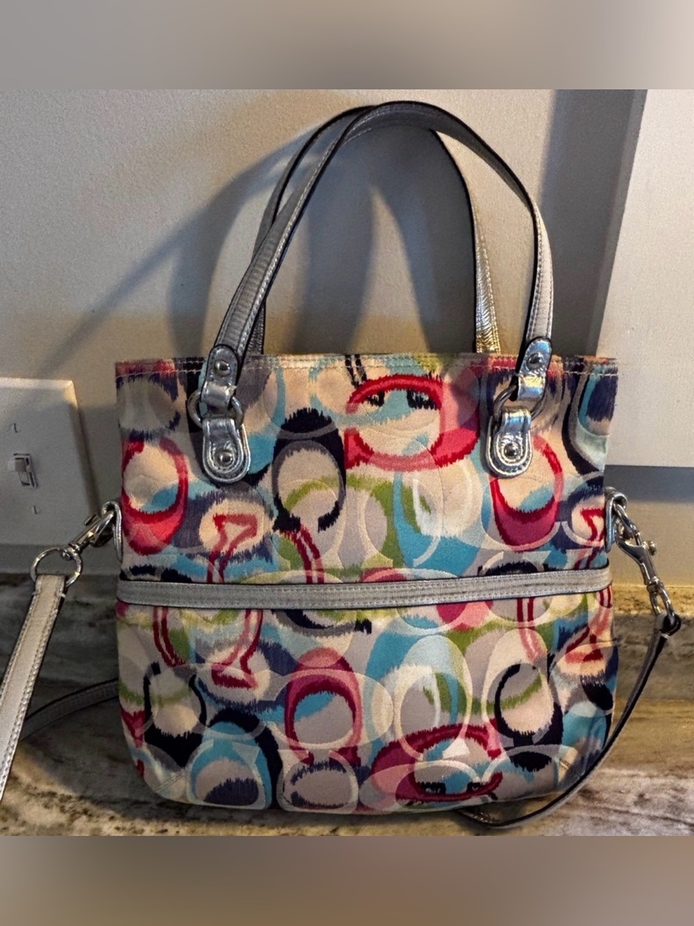 COACH Poppy Ikat Signature C Foldover Tote & Crossbody Bag (Style 19873). - Picture 2 of 10